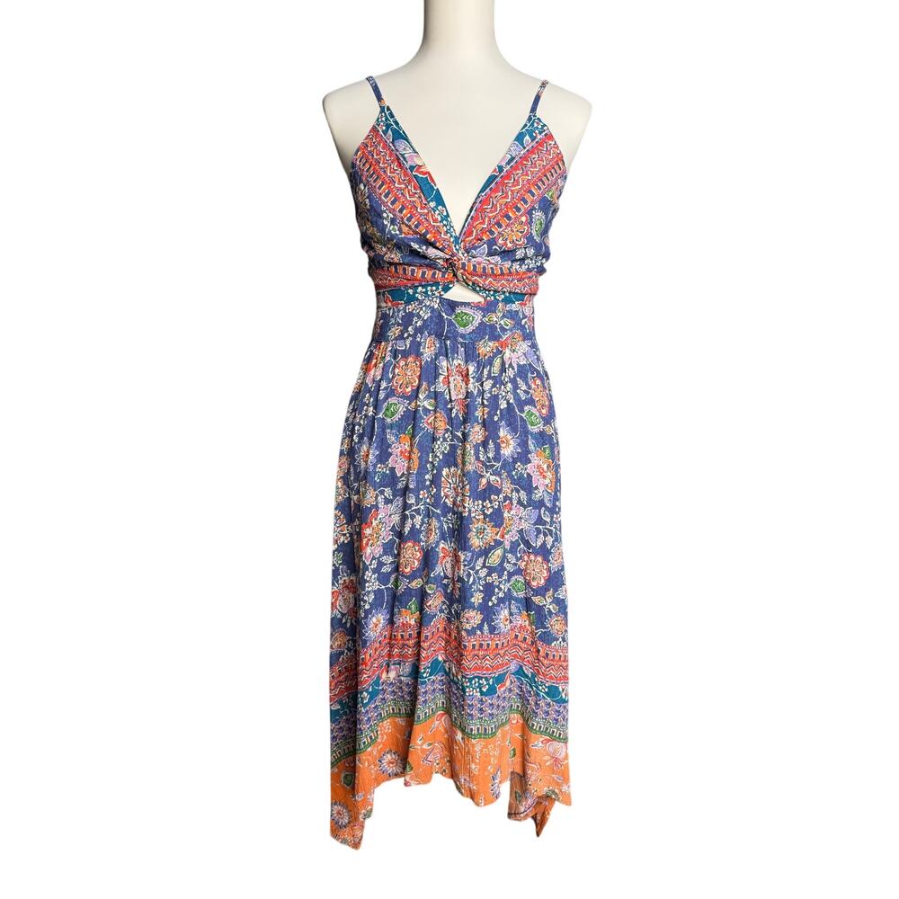 Angie Blue Floral Boho Cutout Maxi Dress Handkerchief Hem NWT Large - Picture 2 of 12